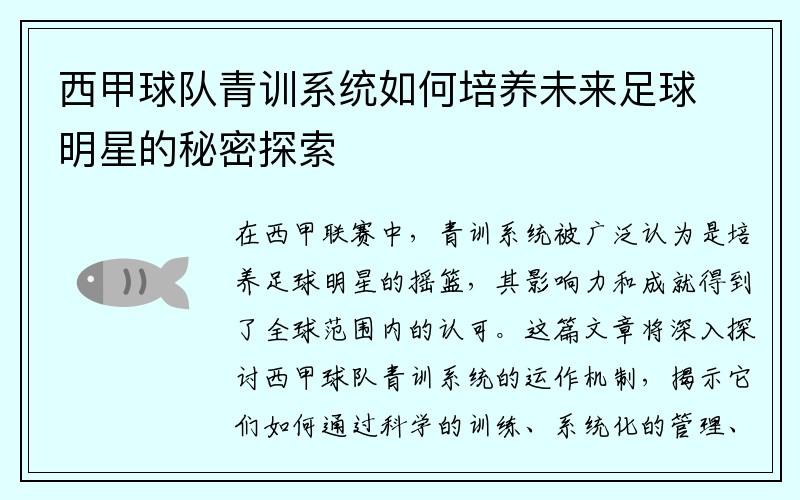 西甲球队青训系统如何培养未来足球明星的秘密探索
