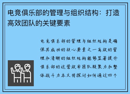 电竞俱乐部的管理与组织结构：打造高效团队的关键要素